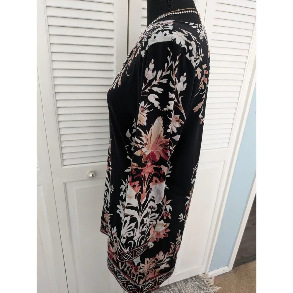 WHBM Shift Dress/Tunic Women M Multi Black 3/4 Aztec Floral Stretch Embroidery - Picture 7 of 12